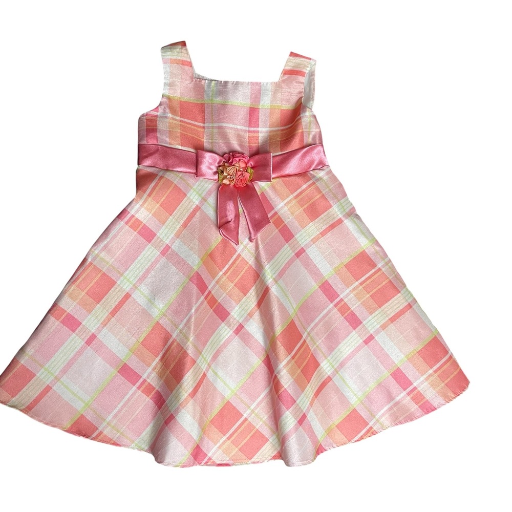 Youngland Girls‎ Pink Plaid Dress Flower Bow Ribbon Sash Special Occasion 4T